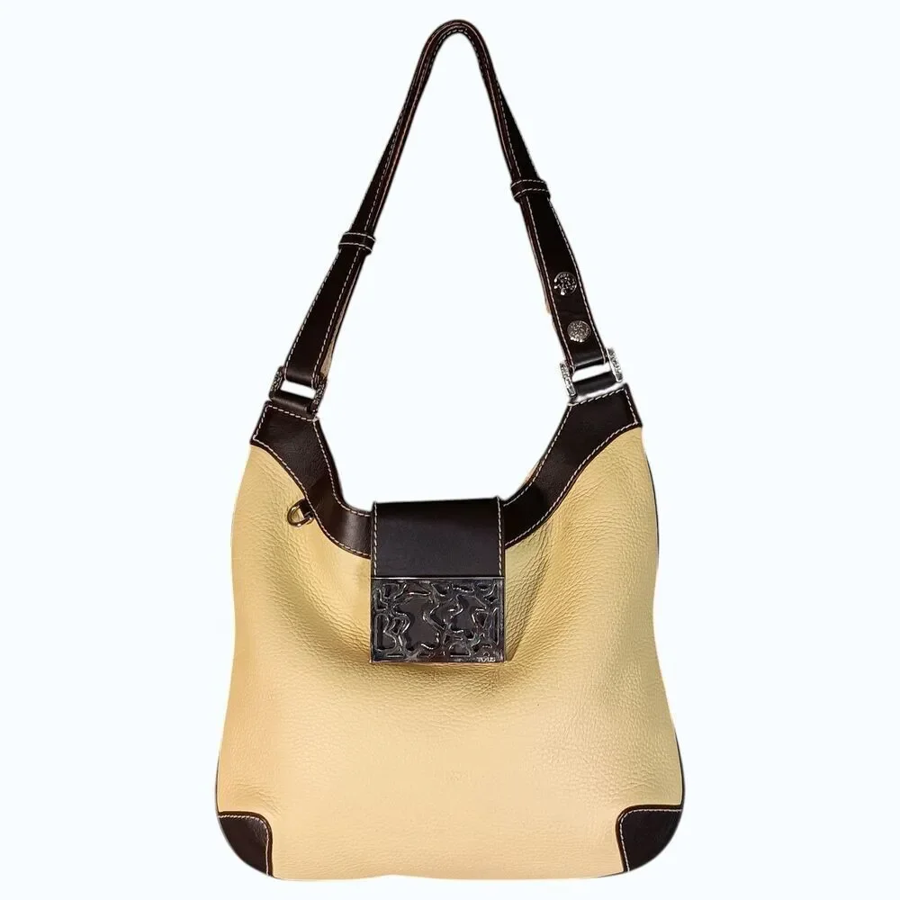 Tous Hobo Shoulder Bag Brown Yellow Leather Silver Logo